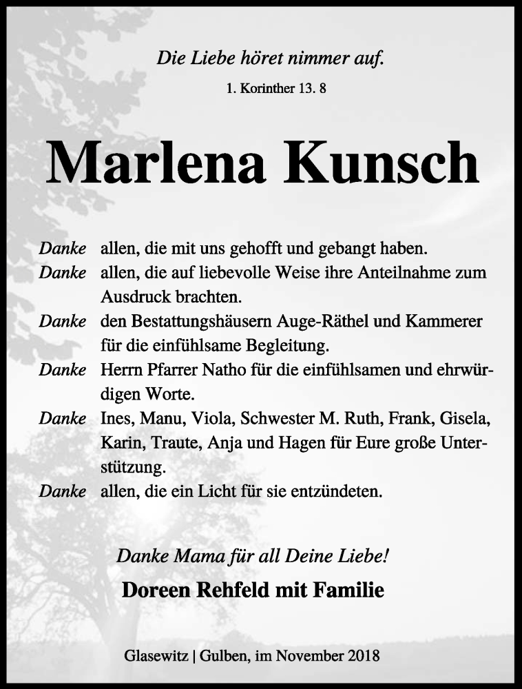  Traueranzeige für Marlena Kunsch vom 10.11.2018 aus lausitzer_rundschau