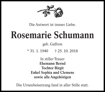 Traueranzeige von Rosemarie Schumann von lausitzer_rundschau