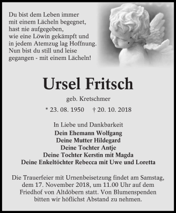 Traueranzeige von Ursel Fritsch von lausitzer_rundschau