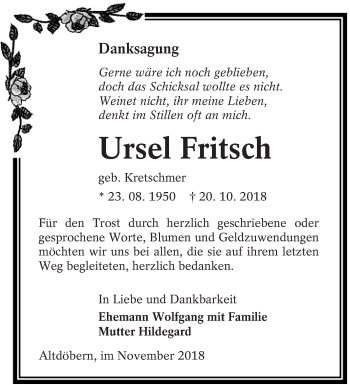 Traueranzeige von Ursel Fritsch von lausitzer_rundschau