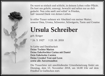 Traueranzeige von Ursula Schreiber von lausitzer_rundschau