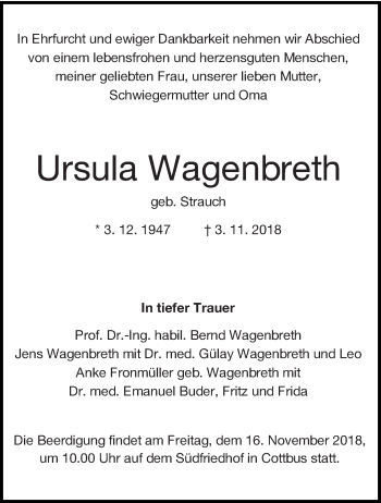 Traueranzeige von Ursula Wagenbreth von lausitzer_rundschau