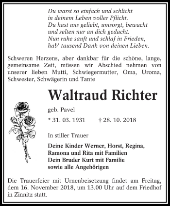 Traueranzeige von Waltraud Richter von lausitzer_rundschau
