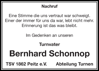 Traueranzeige von Bernhard Schonnop von lausitzer_rundschau