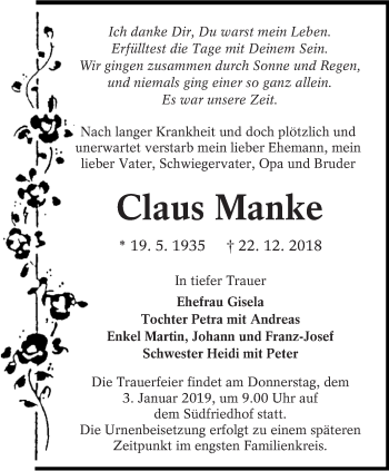 Traueranzeige von Claus Manke von lausitzer_rundschau