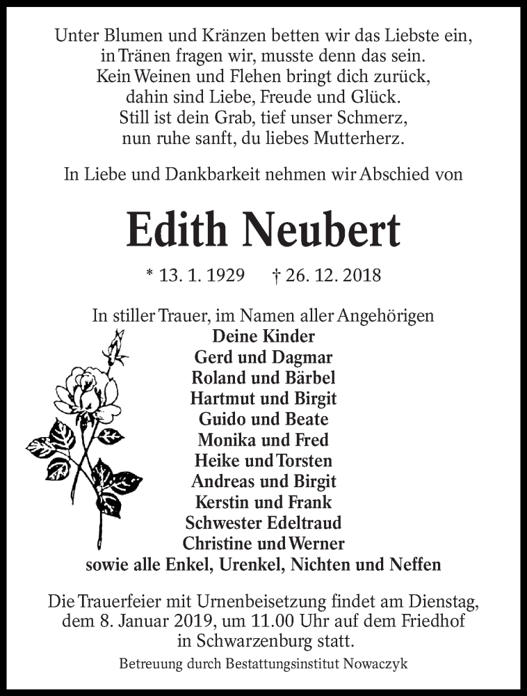  Traueranzeige für Edith Neubert vom 29.12.2018 aus lausitzer_rundschau