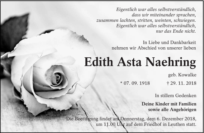  Traueranzeige für Edith Asta Naehring vom 03.12.2018 aus lausitzer_rundschau