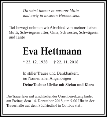 Traueranzeige von Eva Hettmann von lausitzer_rundschau