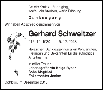 Traueranzeige von Gerhard Schweitzer von lausitzer_rundschau