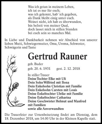 Traueranzeige von Gertrud Rauner von lausitzer_rundschau