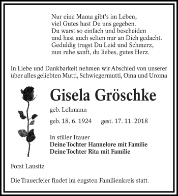 Traueranzeige von Gisela Gröschke von lausitzer_rundschau