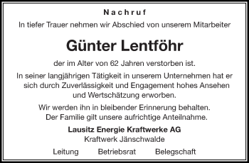Traueranzeige von Günter Lentföhr von lausitzer_rundschau