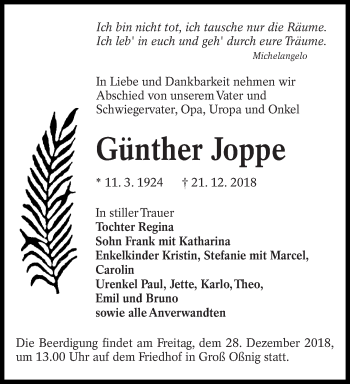 Traueranzeige von Günther Joppe von lausitzer_rundschau
