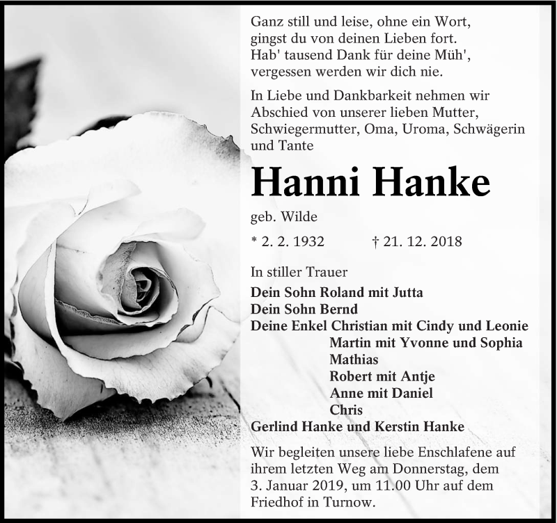  Traueranzeige für Hanni Hanke vom 29.12.2018 aus lausitzer_rundschau