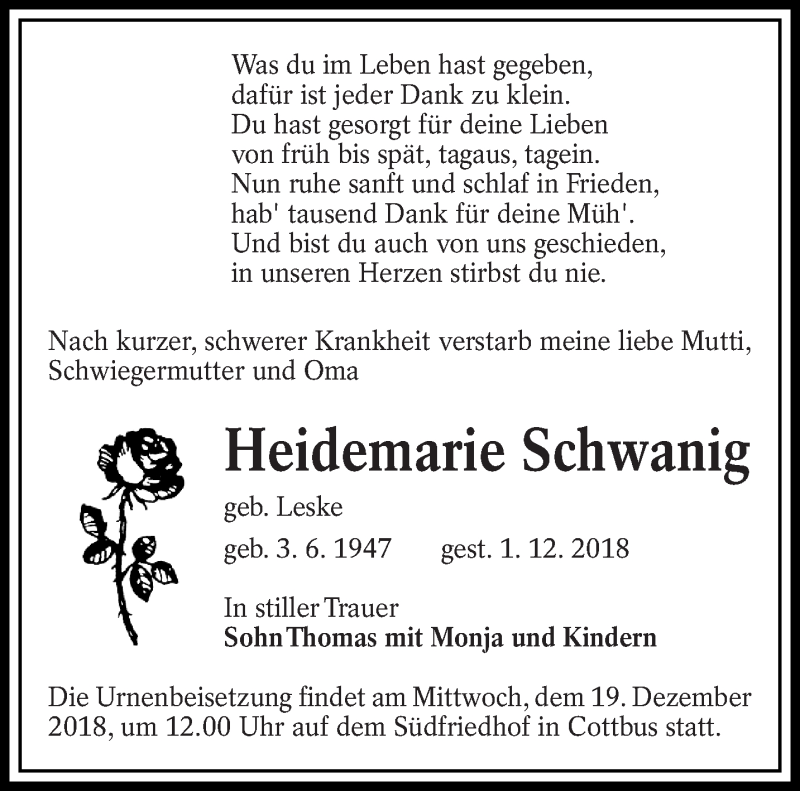  Traueranzeige für Heidemarie Schwanig vom 08.12.2018 aus lausitzer_rundschau