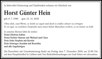 Traueranzeige von Horst Günter Hein von lausitzer_rundschau