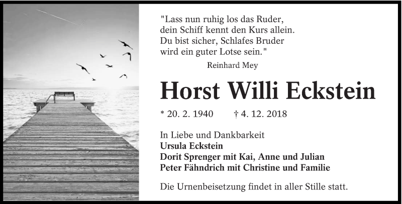  Traueranzeige für Horst Willi Eckstein vom 08.12.2018 aus lausitzer_rundschau