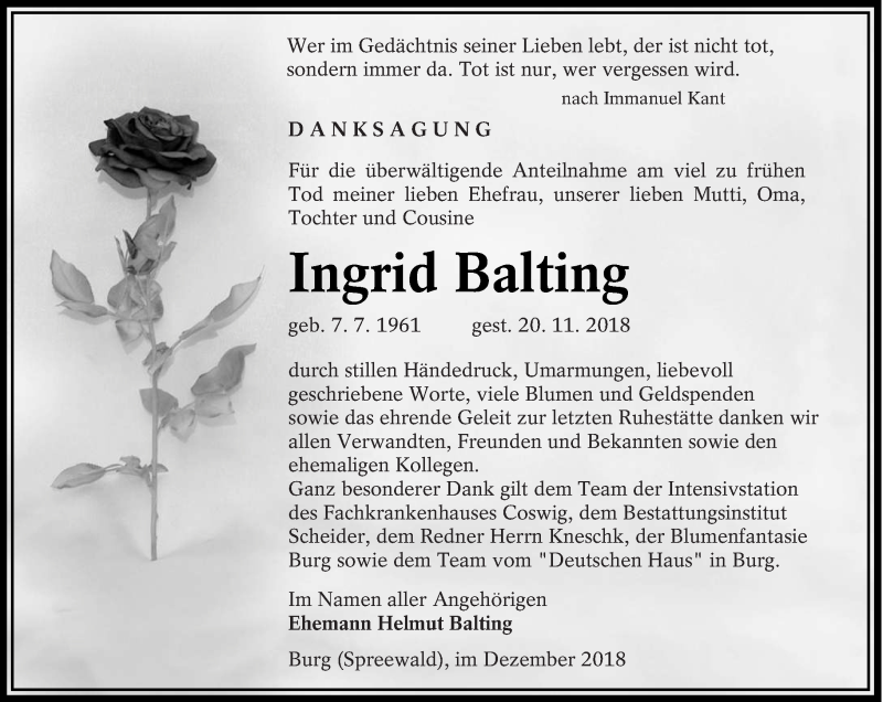  Traueranzeige für Ingrid Balting vom 22.12.2018 aus lausitzer_rundschau