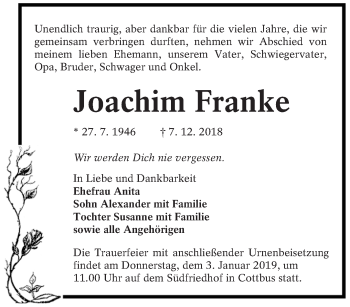 Traueranzeige von Joachim Franke von lausitzer_rundschau