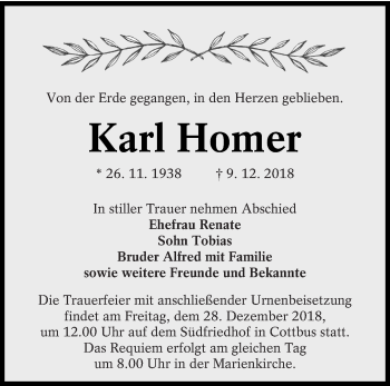 Traueranzeige von Karl Homer von lausitzer_rundschau
