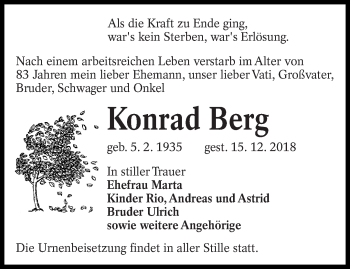 Traueranzeige von Konrad Berg von lausitzer_rundschau