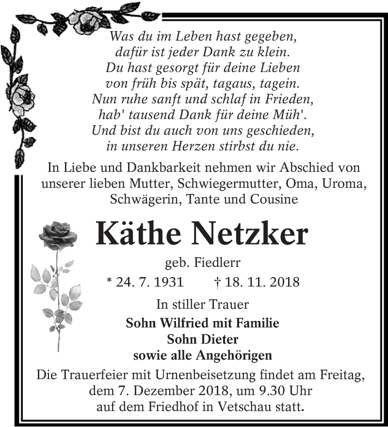  Traueranzeige für Käthe Netzker vom 01.12.2018 aus lausitzer_rundschau