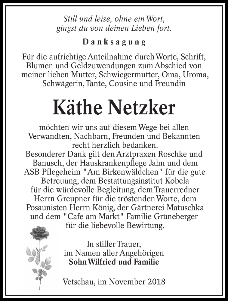  Traueranzeige für Käthe Netzker vom 15.12.2018 aus lausitzer_rundschau