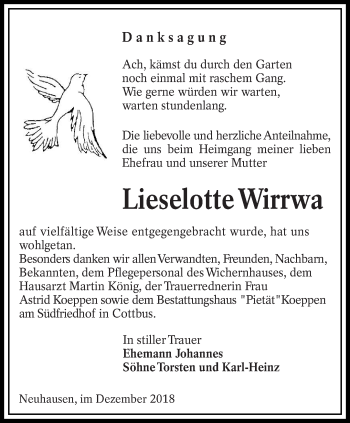 Traueranzeige von Lieselotte Wirrwa von lausitzer_rundschau