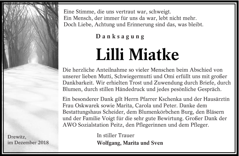  Traueranzeige für Lilli Miatke vom 15.12.2018 aus lausitzer_rundschau