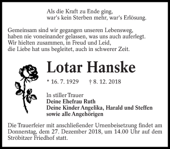 Traueranzeige von Lotar Hanske von lausitzer_rundschau