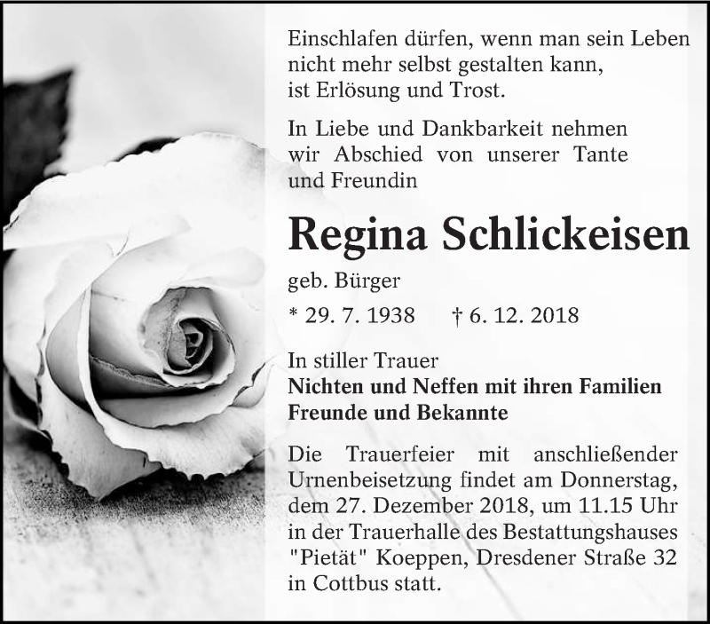  Traueranzeige für Regina Schlickeisen vom 15.12.2018 aus lausitzer_rundschau