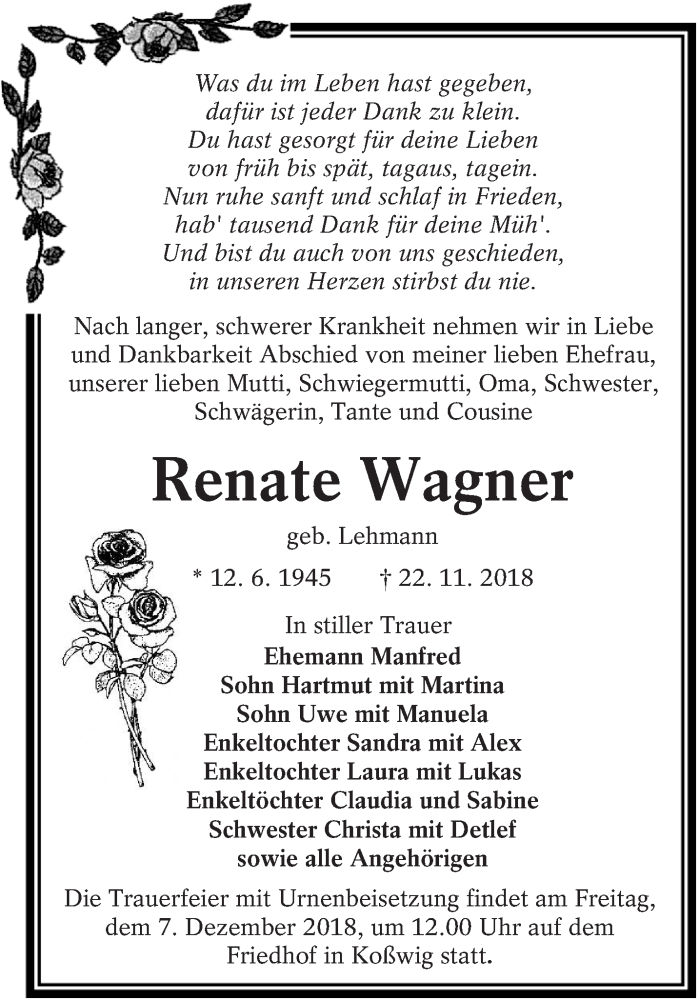 Traueranzeige für Renate Wagner vom 01.12.2018 aus lausitzer_rundschau