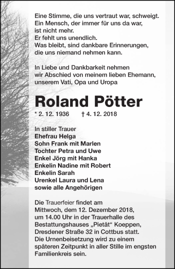 Traueranzeige von Roland Pötter von lausitzer_rundschau