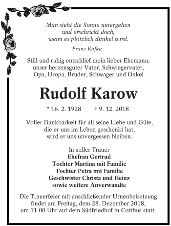 Traueranzeige von Rudolf Karow von lausitzer_rundschau