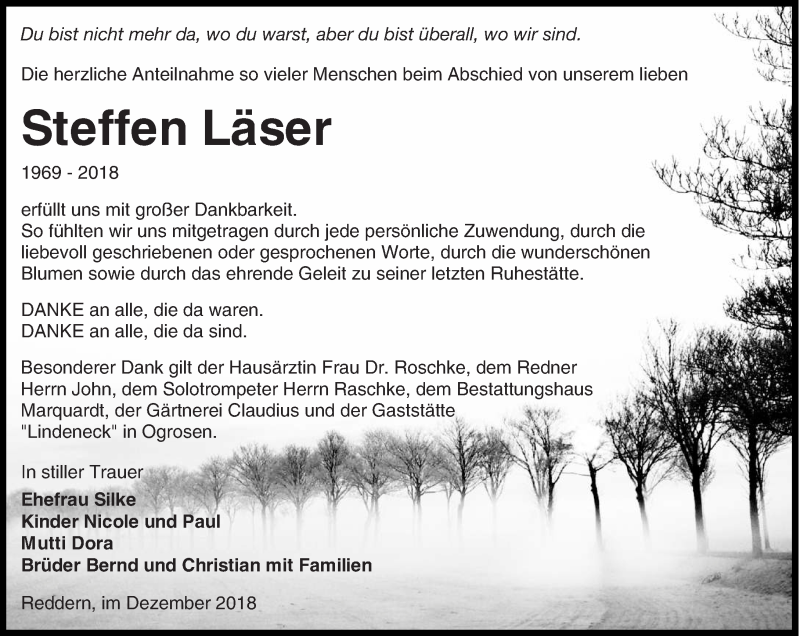  Traueranzeige für Steffen Läser vom 15.12.2018 aus lausitzer_rundschau