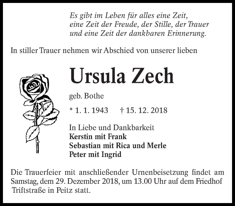 Traueranzeige für Ursula Zech vom 22.12.2018 aus lausitzer_rundschau