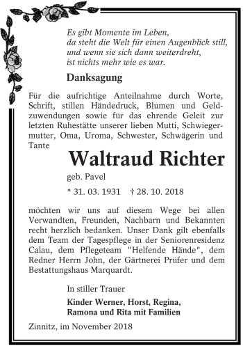 Traueranzeige von Waltraud Richter von lausitzer_rundschau