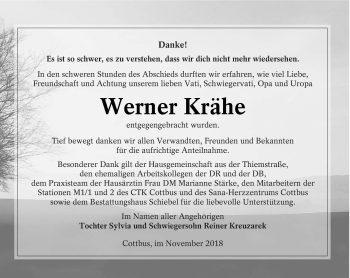 Traueranzeige von Werner Krähe von lausitzer_rundschau