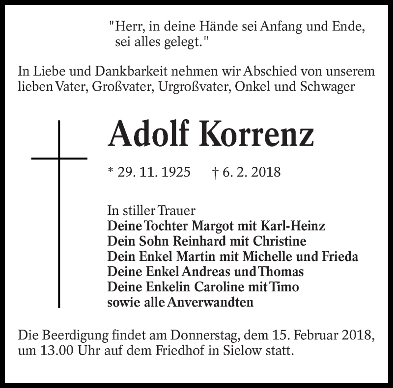  Traueranzeige für Adolf Korrenz vom 10.02.2018 aus lausitzer_rundschau