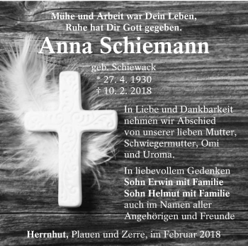 Traueranzeige von Anna Schiemann von lausitzer_rundschau