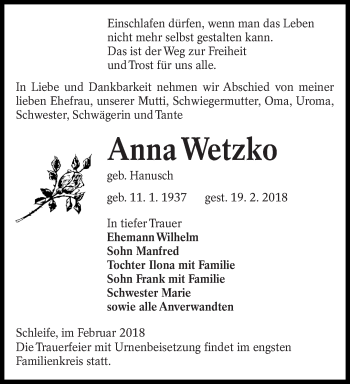 Traueranzeige von Anna Wetzko von lausitzer_rundschau