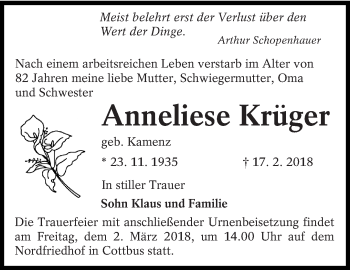 Traueranzeige von Anneliese Krüger von lausitzer_rundschau