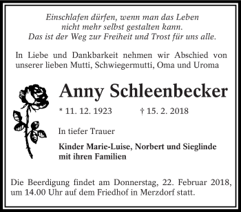 Traueranzeige von Anny Schleenbecker von lausitzer_rundschau