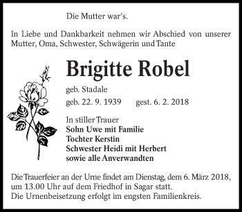 Traueranzeige von Brigitte Robel von lausitzer_rundschau