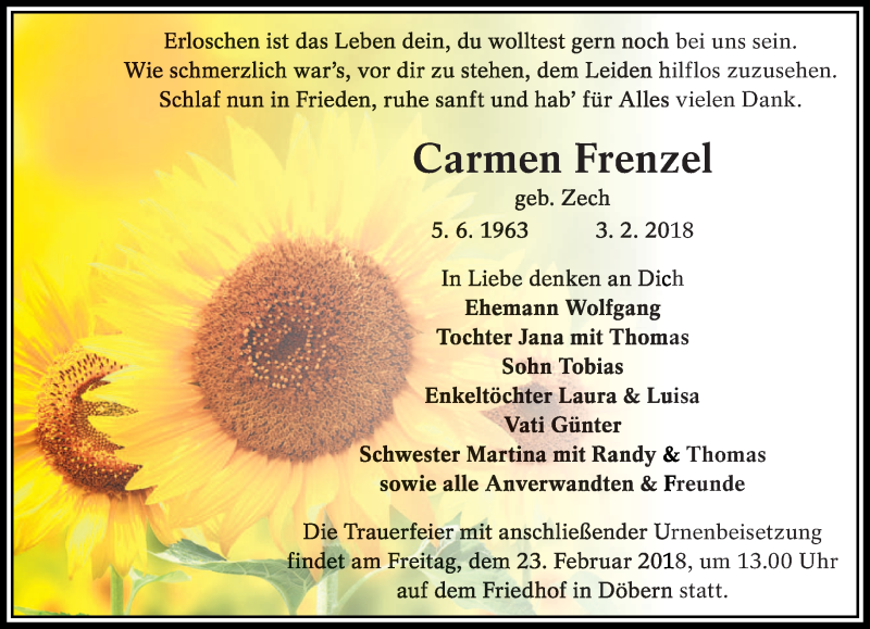  Traueranzeige für Carmen Frenzel vom 17.02.2018 aus lausitzer_rundschau