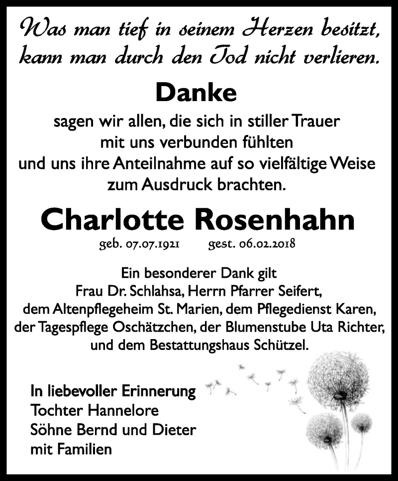  Traueranzeige für Charlotte Rosenhahn vom 22.02.2018 aus lausitzer_rundschau