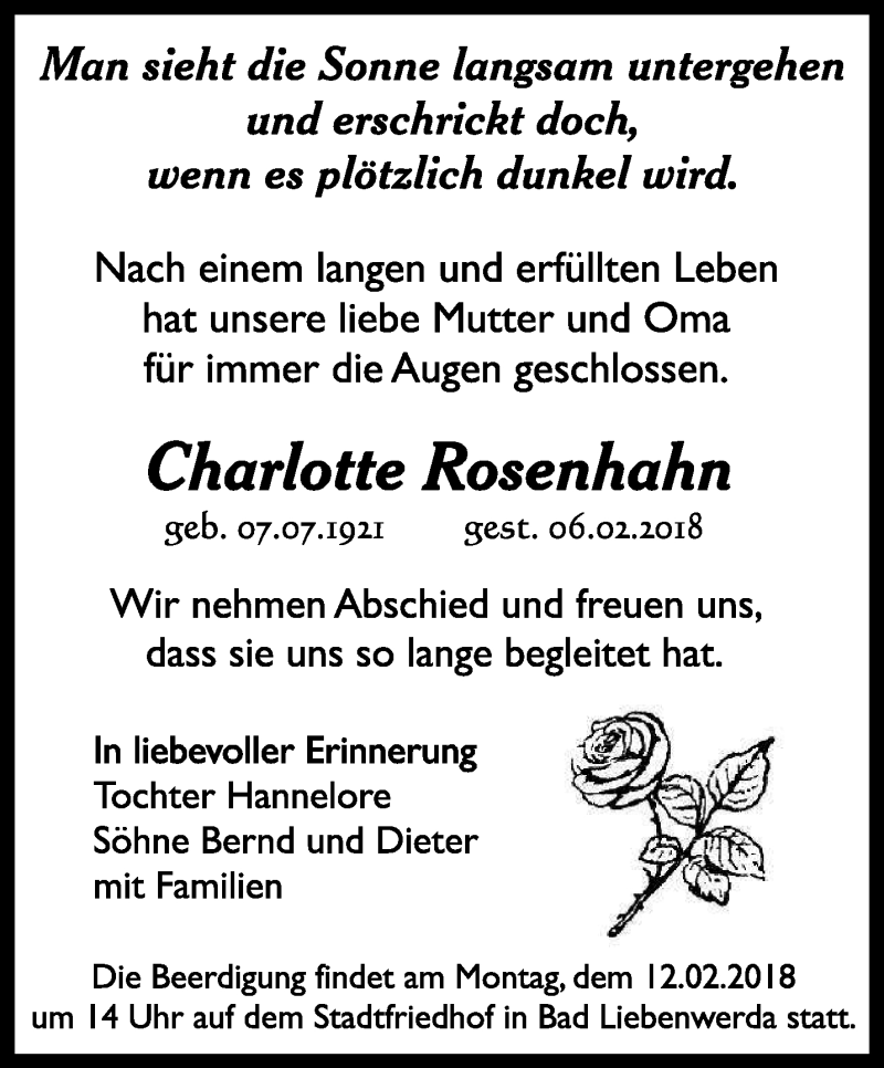  Traueranzeige für Charlotte Rosenhahn vom 09.02.2018 aus lausitzer_rundschau