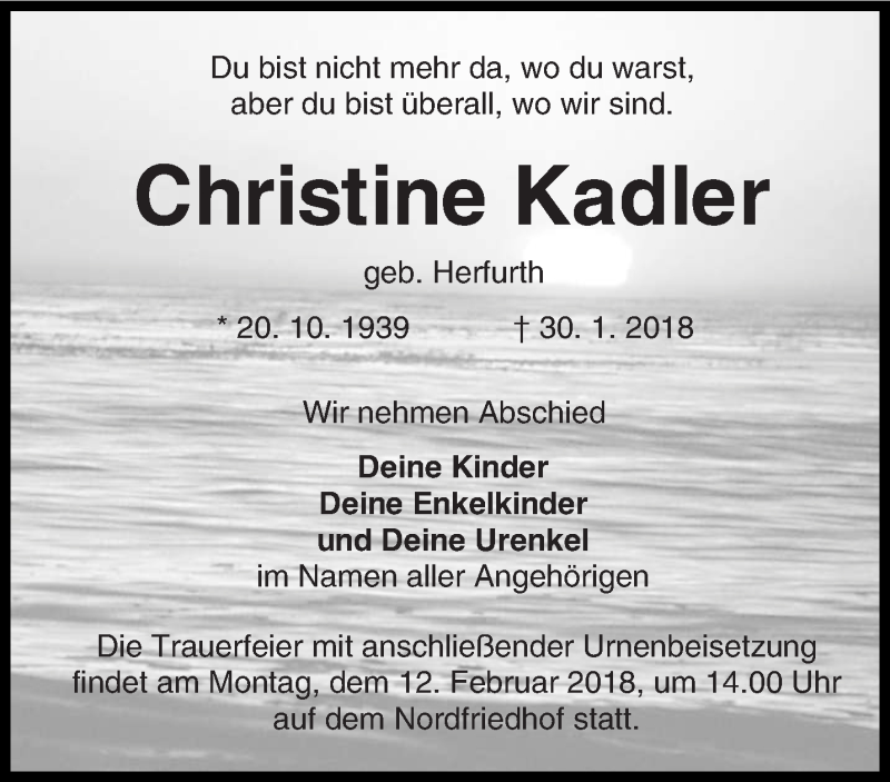  Traueranzeige für Christine Kadler vom 03.02.2018 aus lausitzer_rundschau