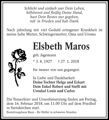 Traueranzeige von Elsbeth Maros von lausitzer_rundschau