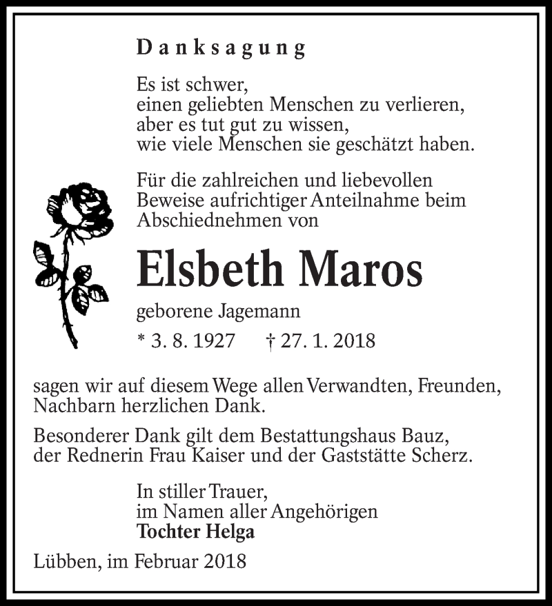  Traueranzeige für Elsbeth Maros vom 24.02.2018 aus lausitzer_rundschau